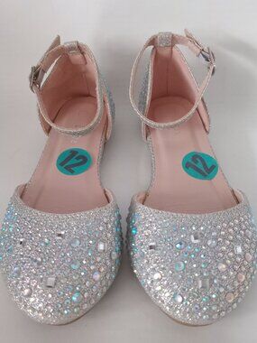 Girls Sparkly Rhinestone Dress Shoes Ankle Strap Flats Silver Glitter Sz 12